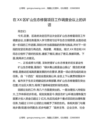在XX区矿山生态修复项目工作调度会议上的讲话