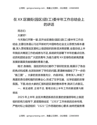 在XX区镇街（园区）团（工）委半年工作总结会上的讲话