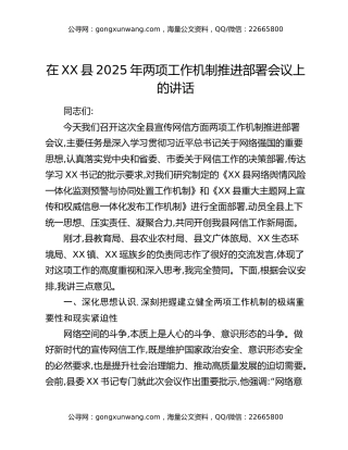 在XX县2025年两项工作机制推进部署会议上的讲话