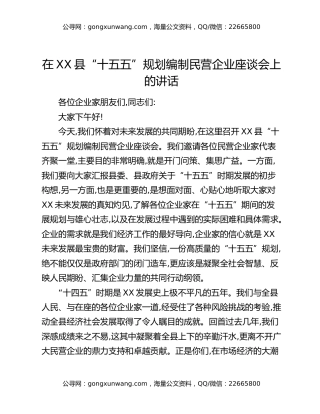 在XX县“十五五”规划编制民营企业座谈会上的讲话
