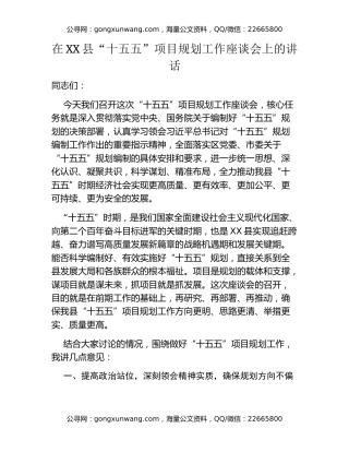在XX县“十五五”项目规划工作座谈会上的讲话