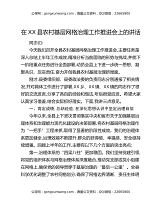在XX县农村基层网格治理工作推进会上的讲话