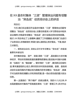 在XX县农村集体“三资”管理突出问题专项整治“突击战”动员培训会上的讲话