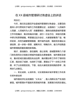 在XX县城市管理研讨务虚会上的讲话