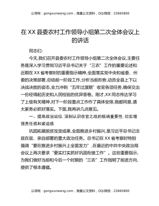 在XX县委农村工作领导小组第二次全体会议上的讲话