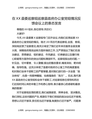 在XX县委巡察组巡察县政府办公室党组情况反馈会议上的表态发言