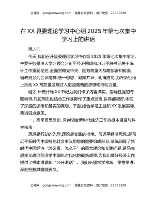 在XX县委理论学习中心组2025年第七次集中学习上的讲话