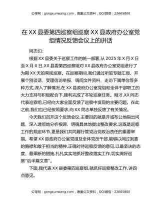在XX县委第四巡察组巡察XX县政府办公室党组情况反馈会议上的讲话