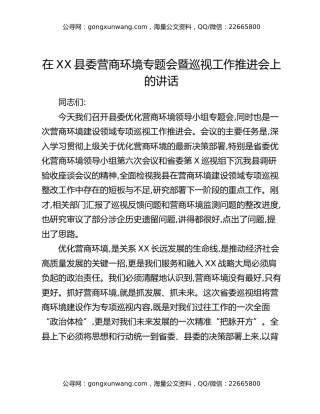 在XX县委营商环境专题会暨巡视工作推进会上的讲话