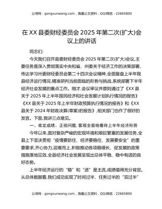 在XX县委财经委员会2025年第二次(扩大)会议上的讲话
