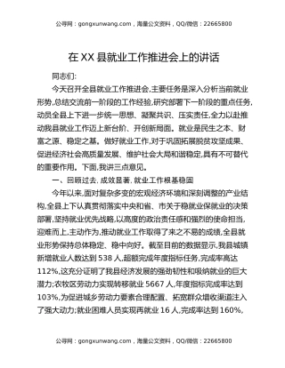 在XX县就业工作推进会上的讲话