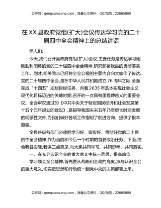 在XX县政府党组（扩大）会议传达学习党的二十届四中全会精神上的总结讲话