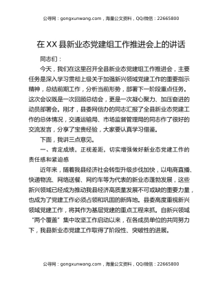 在XX县新业态党建组工作推进会上的讲话