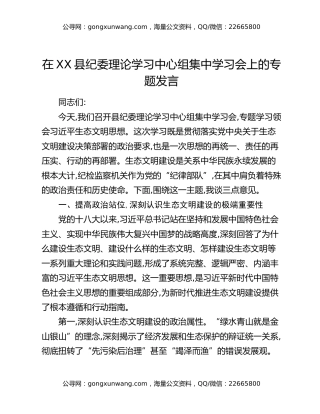 在XX县纪委理论学习中心组集中学习会上的专题发言
