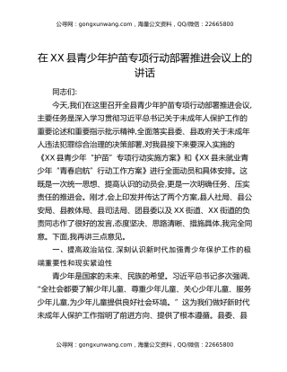 在XX县青少年护苗专项行动部署推进会议上的讲话