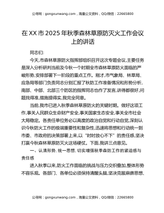 在XX市2025年秋季森林草原防灭火工作会议上的讲话