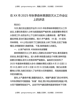 在XX市2025年秋季森林草原防灭火工作会议上的讲话（2）