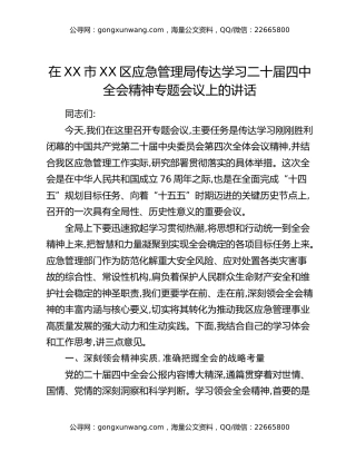 在XX市XX区应急管理局传达学习二十届四中全会精神专题会议上的讲话