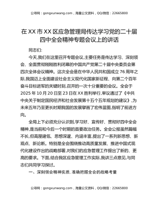 在XX市XX区应急管理局传达学习党的二十届四中全会精神专题会议上的讲话_1
