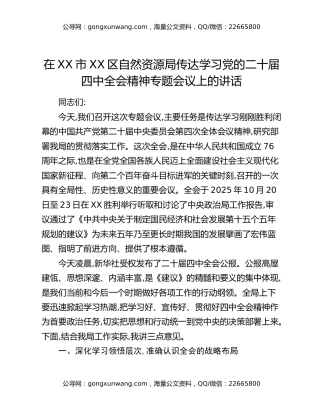 在XX市XX区自然资源局传达学习党的二十届四中全会精神专题会议上的讲话