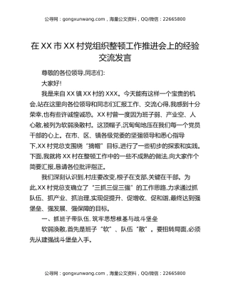 在XX市XX村党组织整顿工作推进会上的经验交流发言