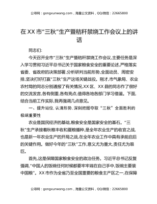 在XX市“三秋”生产暨秸秆禁烧工作会议上的讲话