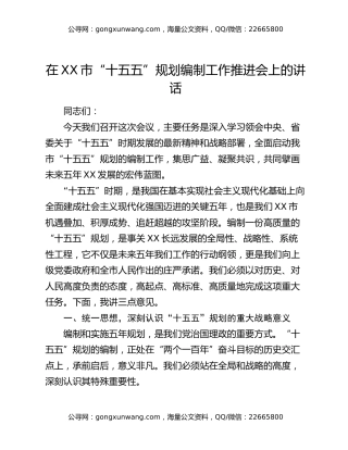 在XX市“十五五”规划编制工作推进会上的讲话