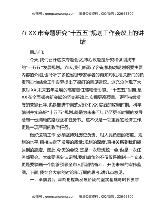 在XX市专题研究“十五五”规划工作会议上的讲话