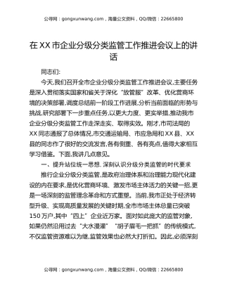 在XX市企业分级分类监管工作推进会议上的讲话