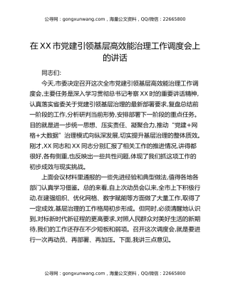 在XX市党建引领基层高效能治理工作调度会上的讲话（2）