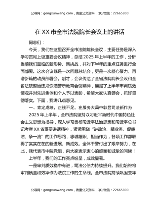 在XX市全市法院院长会议上的讲话
