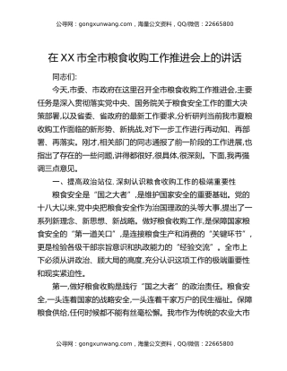 在XX市全市粮食收购工作推进会上的讲话