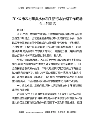 在XX市农村黑臭水体和生活污水治理工作现场会上的讲话