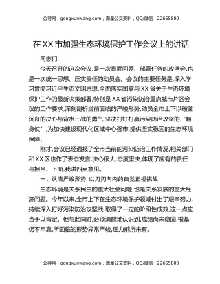 在XX市加强生态环境保护工作会议上的讲话
