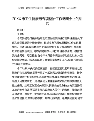 在XX市卫生健康局专项整治工作调研会上的讲话