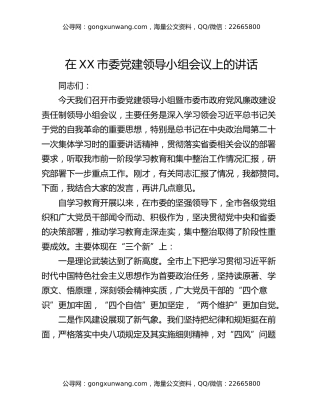 在XX市委党建领导小组（党风廉政建设责任制领导小组）会议上的讲话