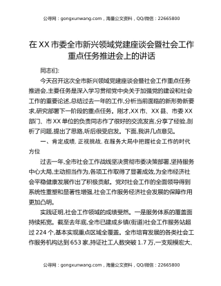 在XX市委全市新兴领域党建座谈会暨社会工作重点任务推进会上的讲话