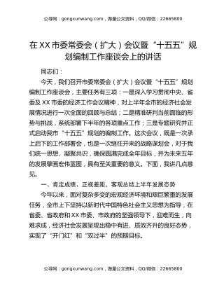 在XX市委常委会（扩大）会议暨“十五五”规划编制工作座谈会上的讲话