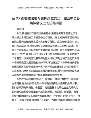 在XX市委政法委专题传达党的二十届四中全会精神会议上的总结讲话
