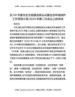 在XX市委生态文明建设排头兵暨生态环境保护工作领导小组2025年第二次会议上的讲话