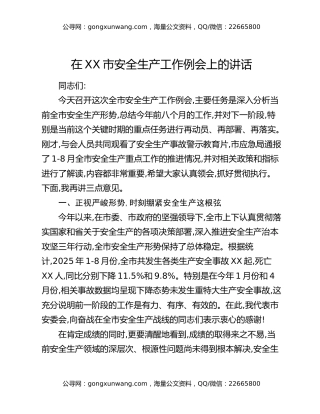 在XX市安全生产工作例会上的讲话