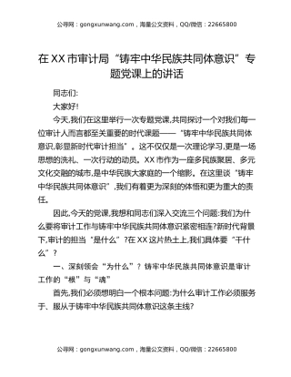 在XX市审计局“铸牢中华民族共同体意识”专题党课上的讲话