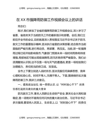 在XX市强降雨防御工作视频会议上的讲话