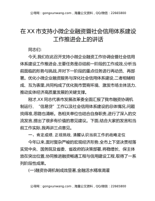 在XX市支持小微企业融资暨社会信用体系建设工作推进会上的讲话