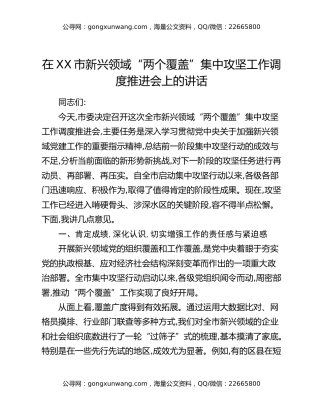 在XX市新兴领域“两个覆盖”集中攻坚工作调度推进会上的讲话