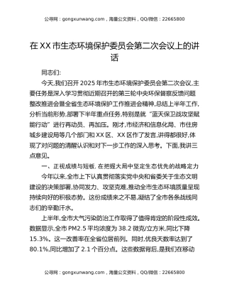 在XX市生态环境保护委员会第二次会议上的讲话