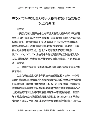 在XX市生态环境大整治大提升专项行动部署会议上的讲话