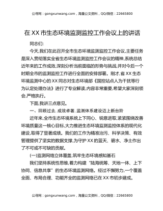 在XX市生态环境监测监控工作会议上的讲话