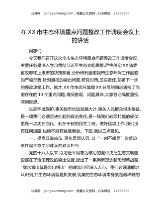 在XX市生态环境重点问题整改工作调度会议上的讲话