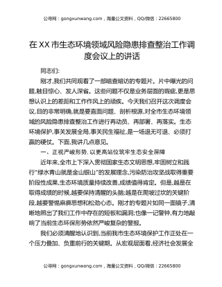 在XX市生态环境领域风险隐患排查整治工作调度会议上的讲话
